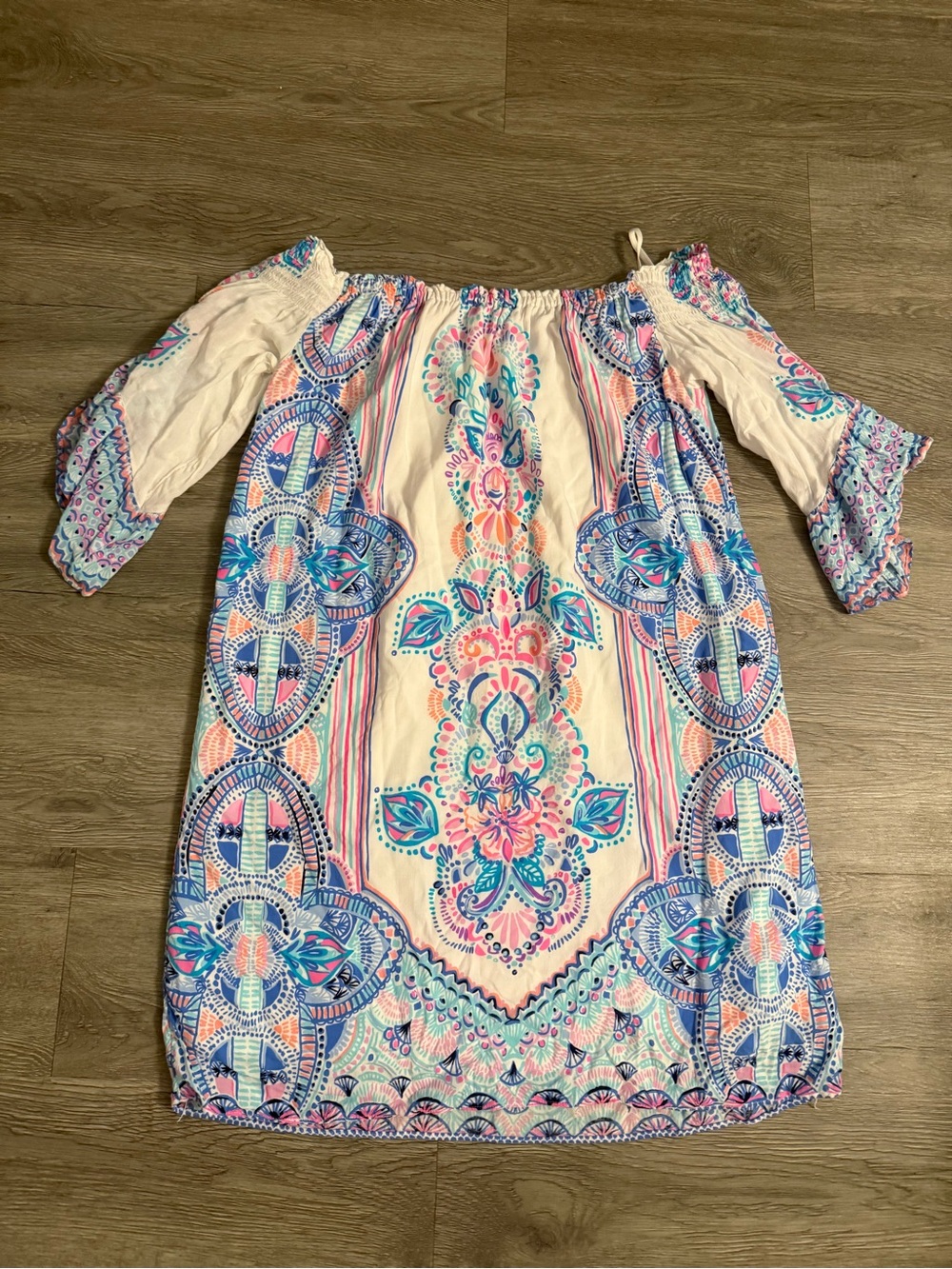 Lilly Pulitzer White Off-Shoulder Dress with Pink & Blue Print